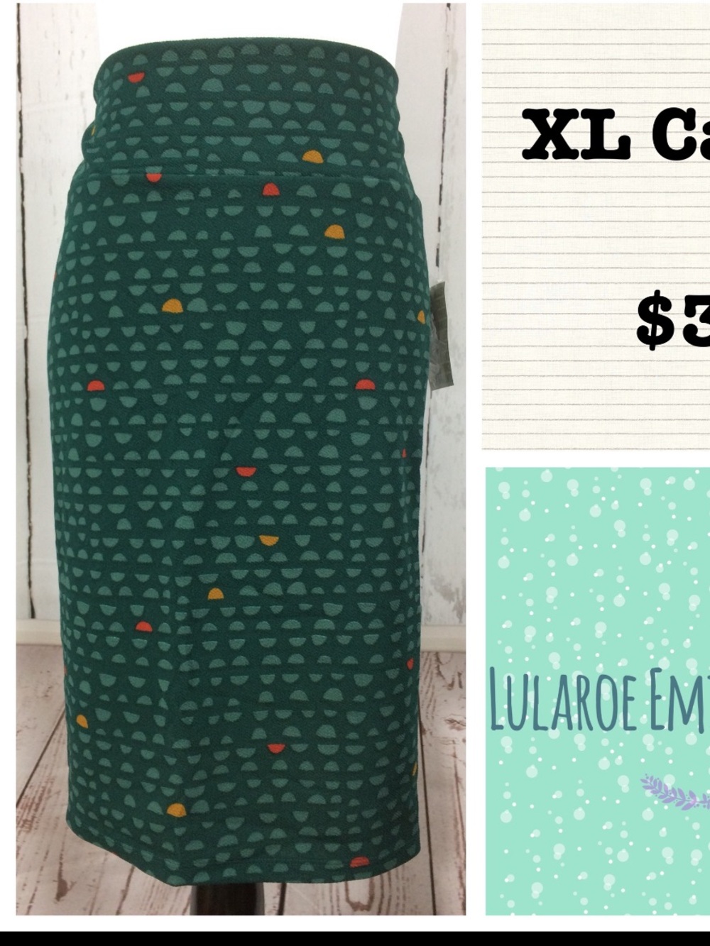 LuLaRoe Cassie XL Forest Green Printed Pencil Skirt with Red and Mustard Accents